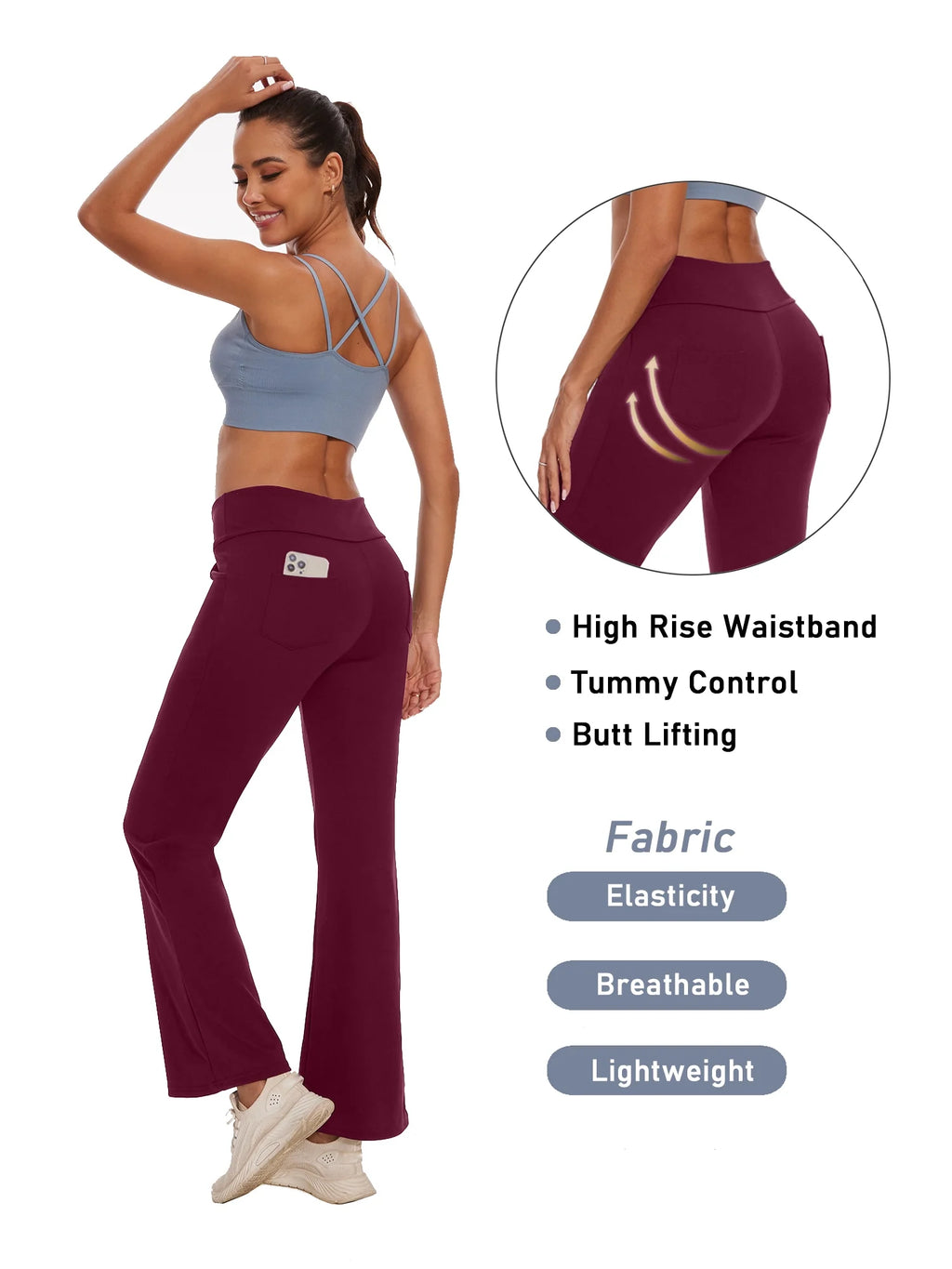 Womens Bootcut Yoga Pants Flare Legging with Pockets High Waist Lightweight Bottoms Workout Activewear Dark Red M