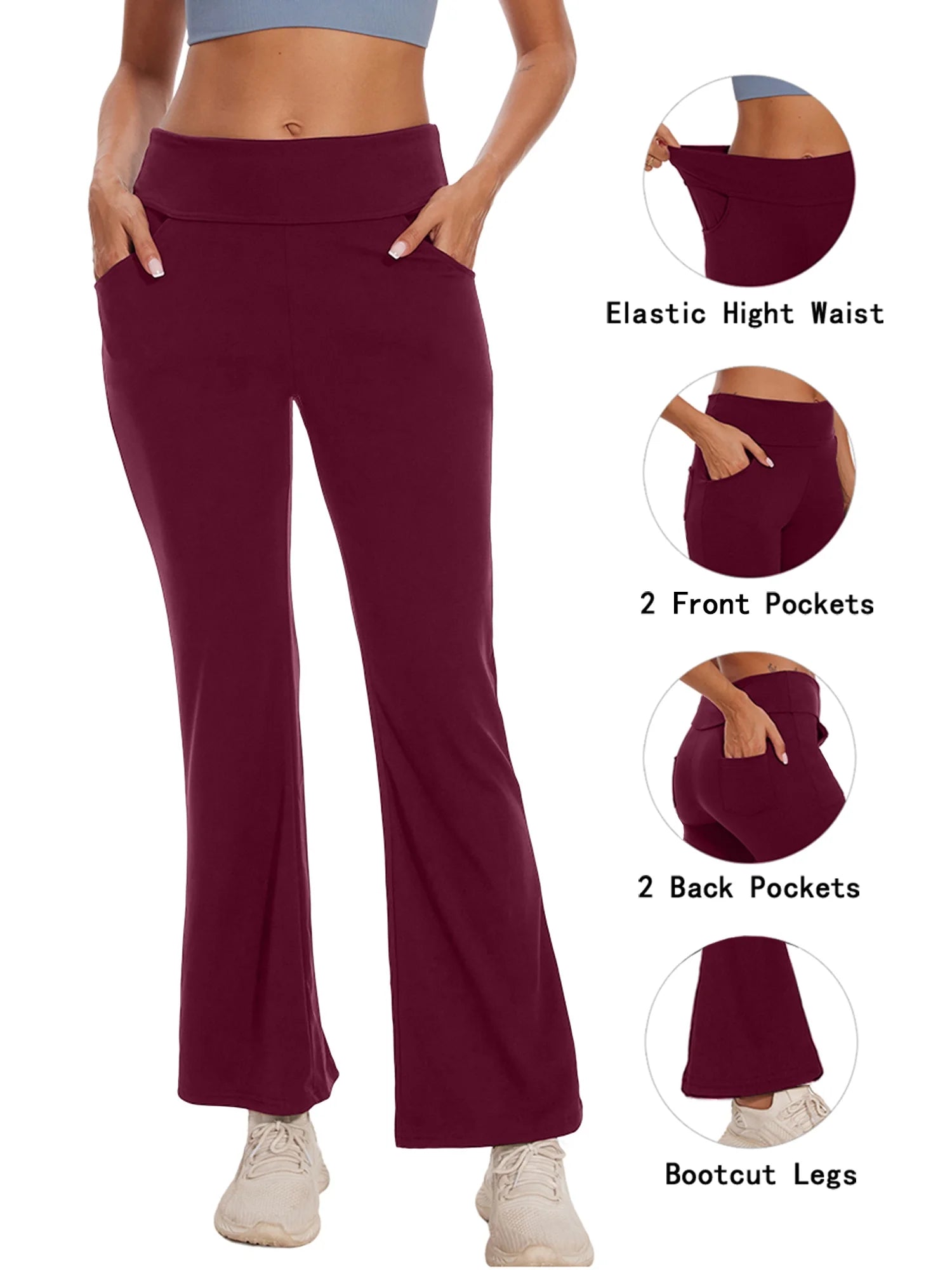 Womens Bootcut Yoga Pants Flare Legging with Pockets High Waist Lightweight Bottoms Workout Activewear Dark Red M