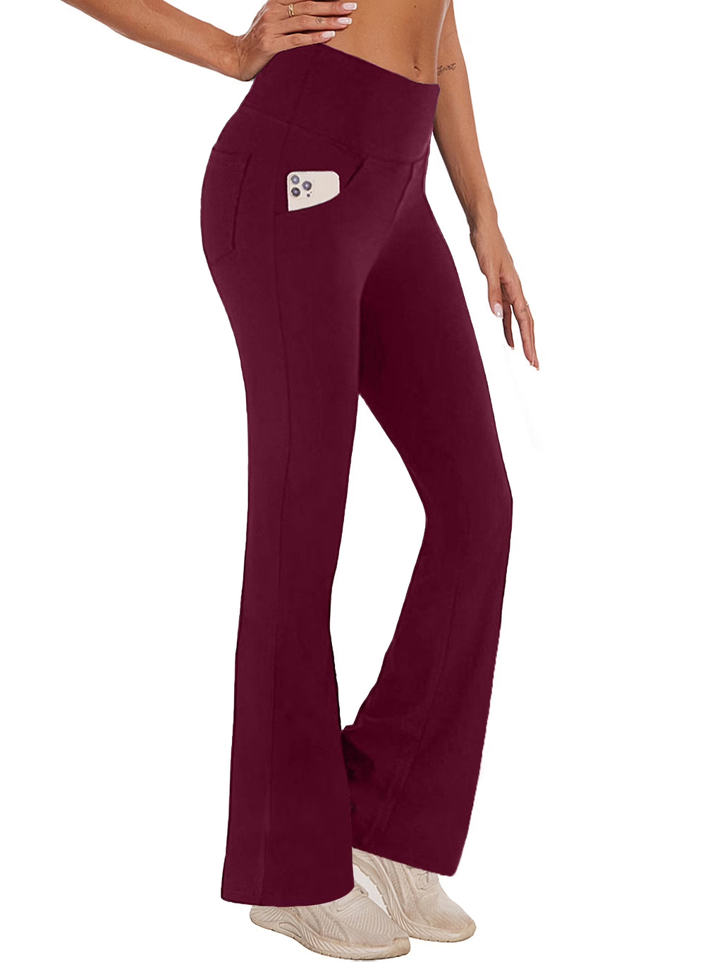 Womens Bootcut Yoga Pants Flare Legging with Pockets High Waist Lightweight Bottoms Workout Activewear Dark Red M
